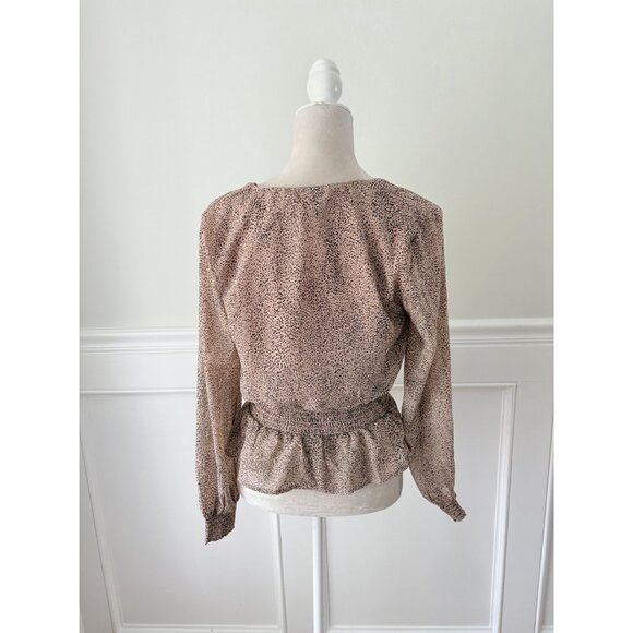 Japna M Leopard Print Long Sleeve Surplice Top With Smocked Waist & Peplum Hem - Picture 3 of 4